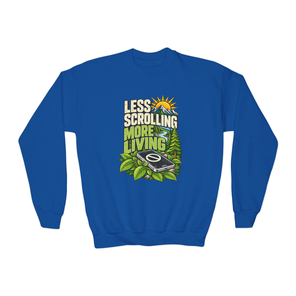 Less Scrolling More Living Youth Crewneck Sweatshirt