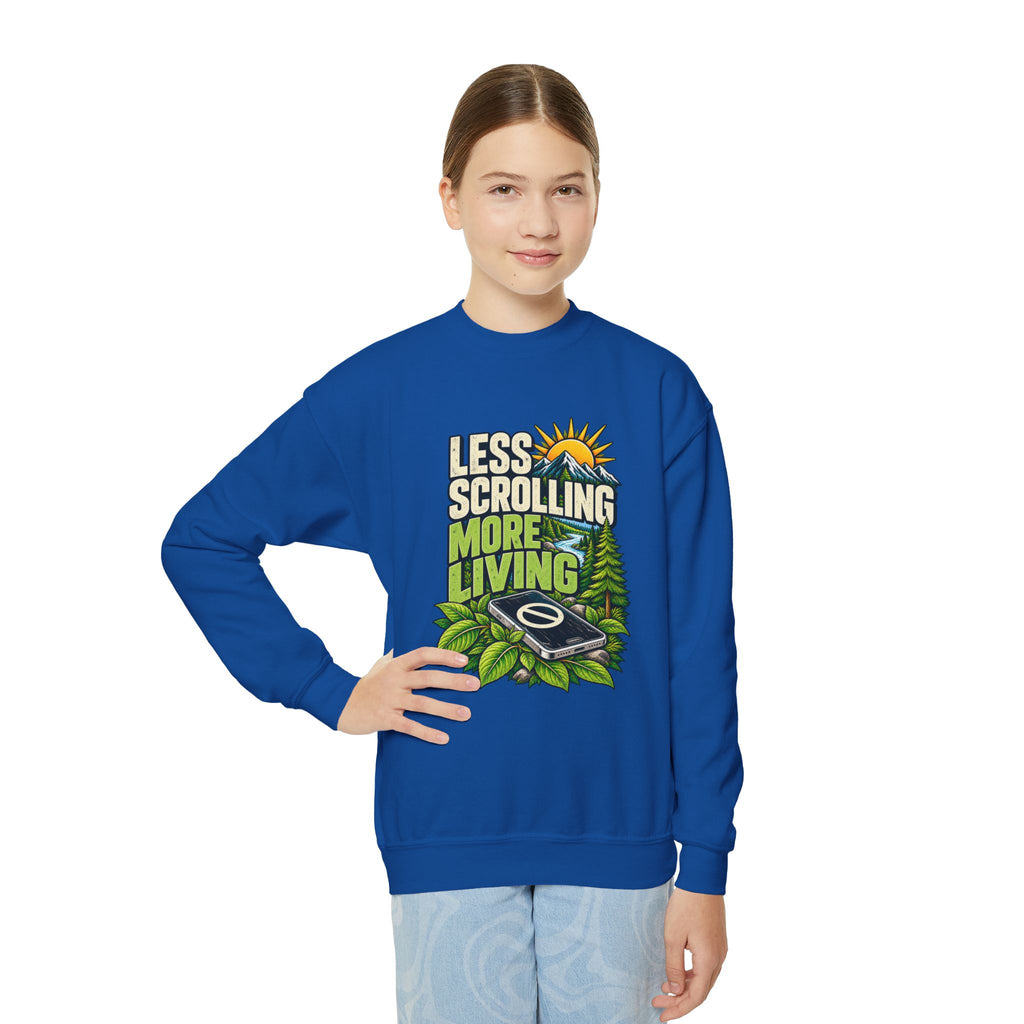 Less Scrolling More Living Youth Crewneck Sweatshirt