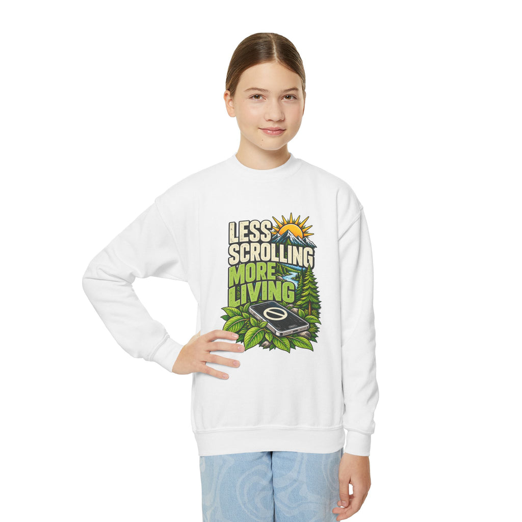 Less Scrolling More Living Youth Crewneck Sweatshirt