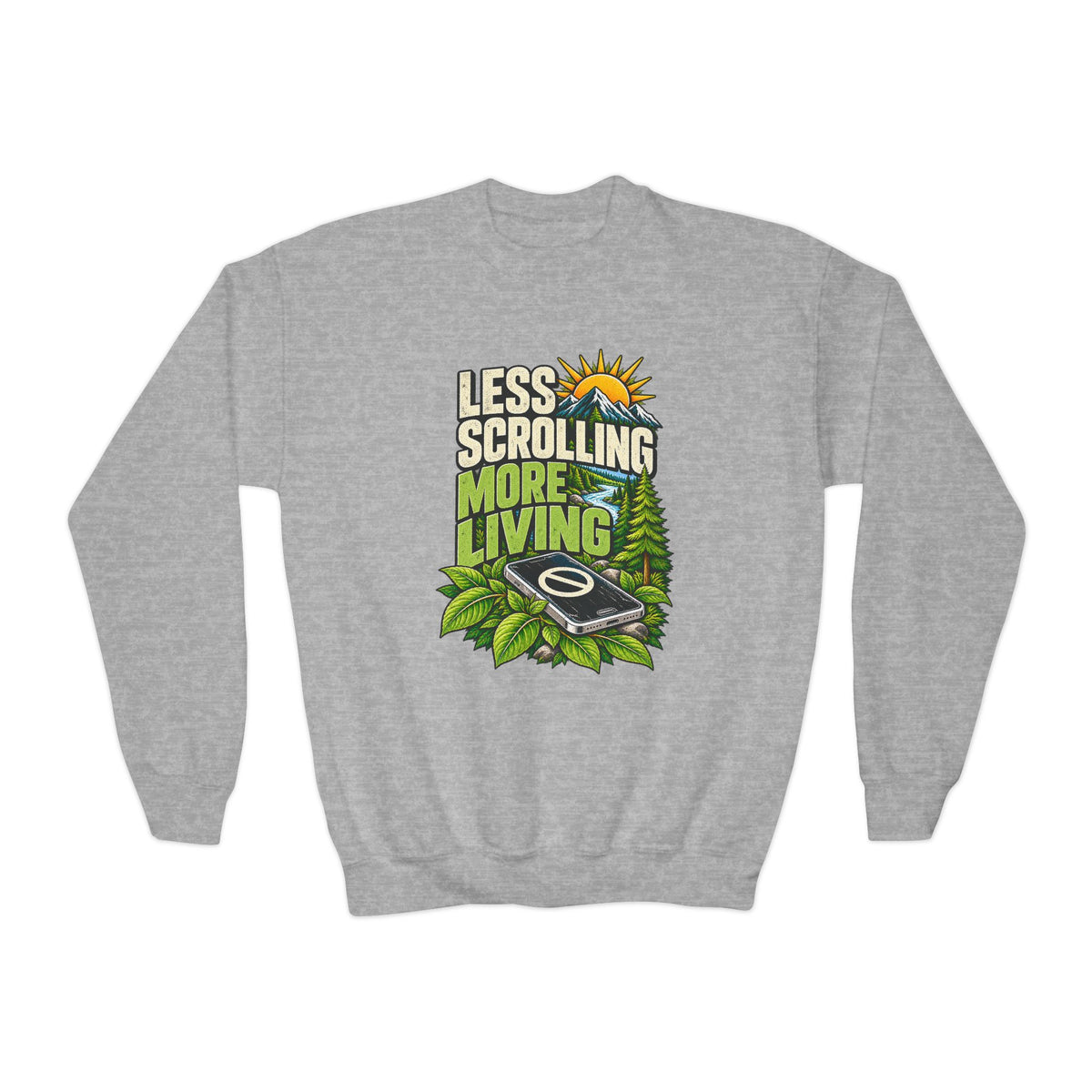 Less Scrolling More Living Youth Crewneck Sweatshirt