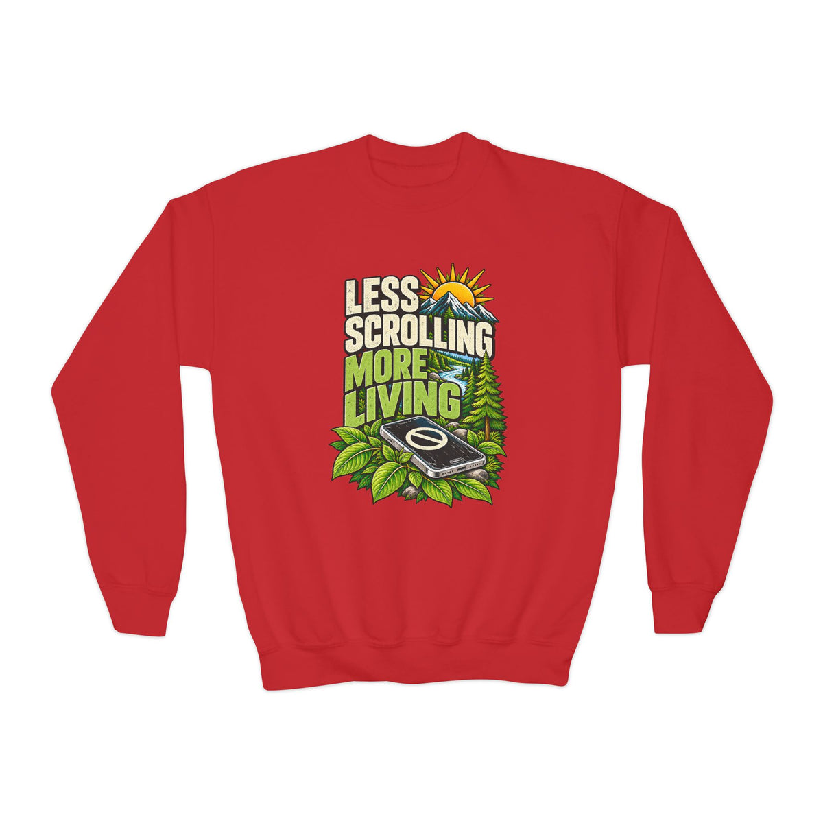 Less Scrolling More Living Youth Crewneck Sweatshirt