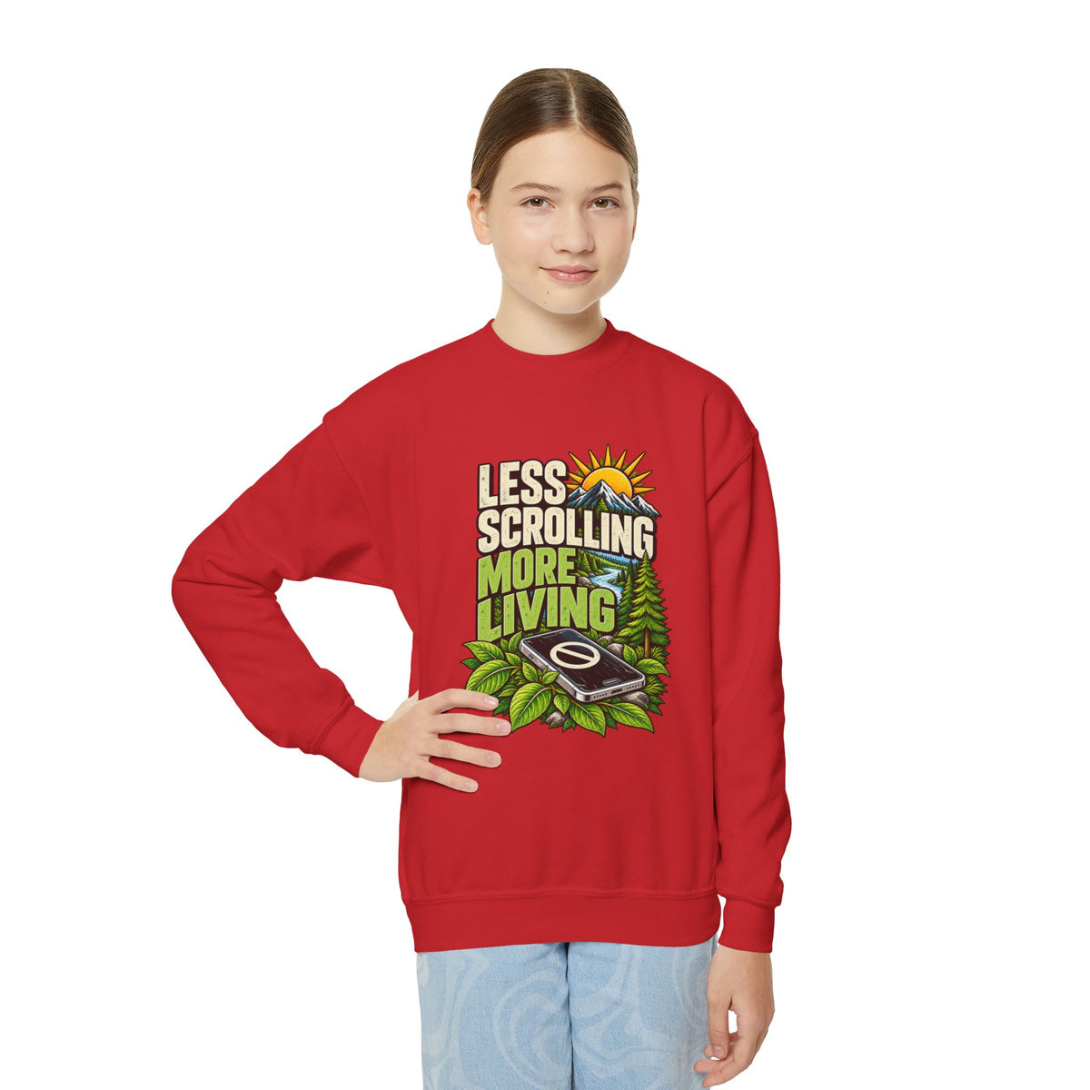 Less Scrolling More Living Youth Crewneck Sweatshirt