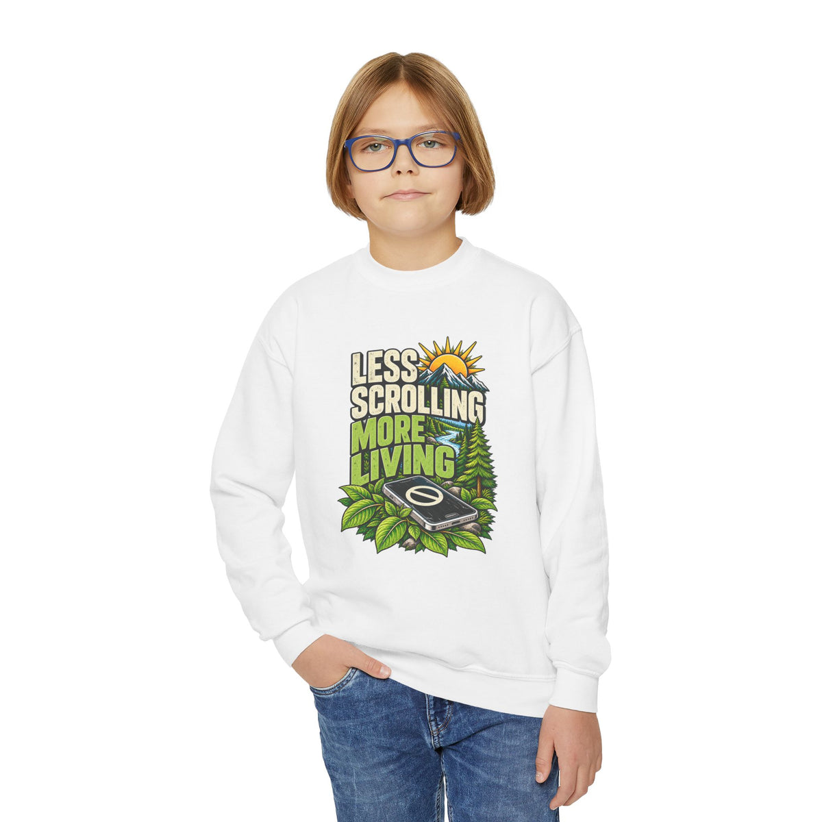 Less Scrolling More Living Youth Crewneck Sweatshirt