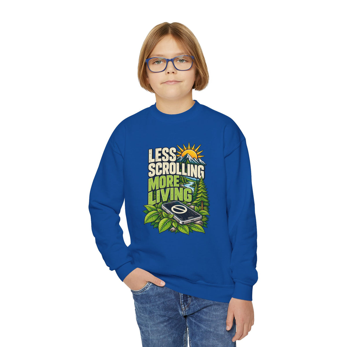 Less Scrolling More Living Youth Crewneck Sweatshirt