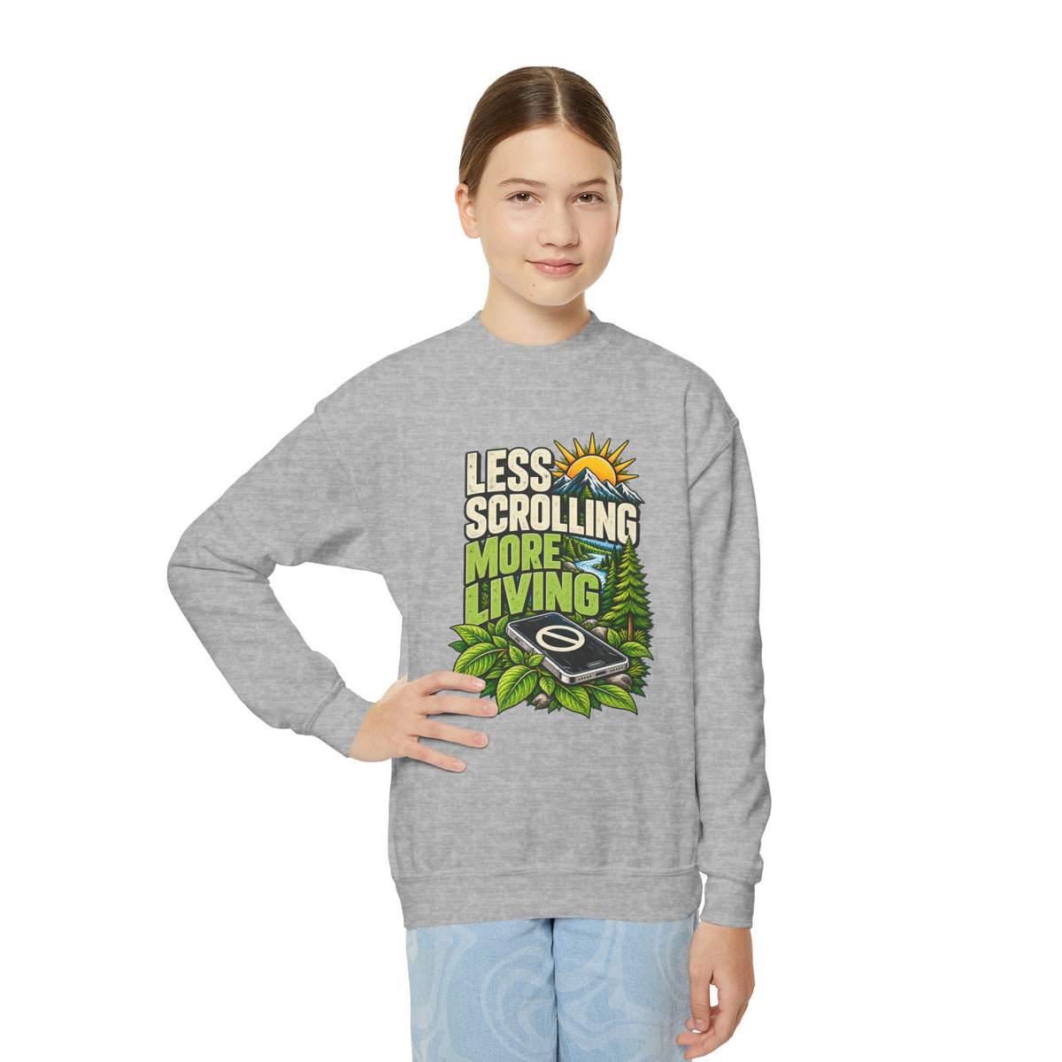 Less Scrolling More Living Youth Crewneck Sweatshirt
