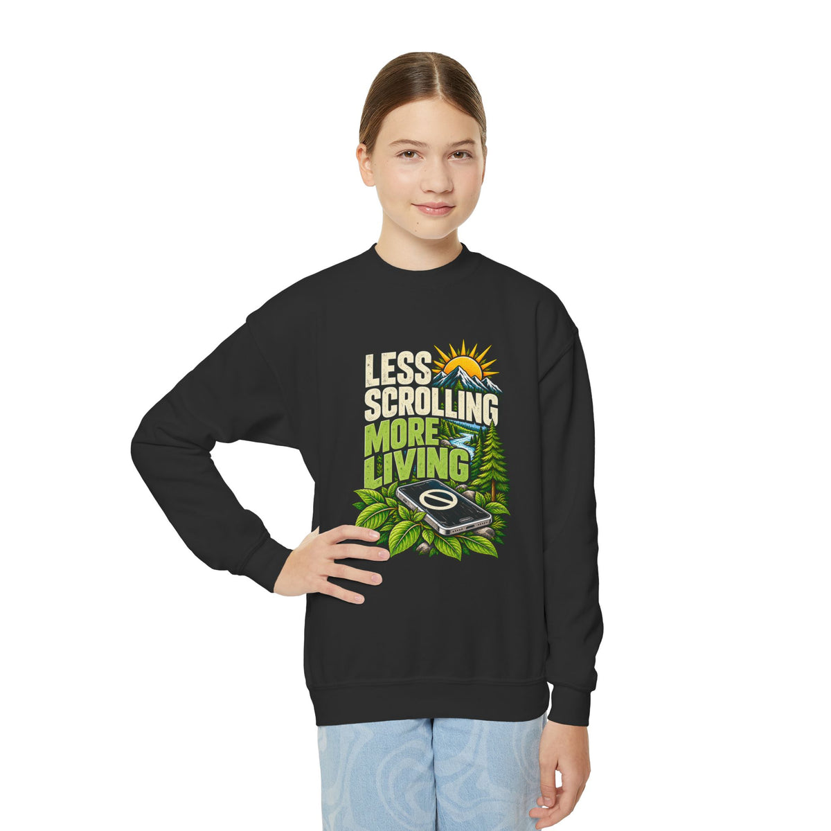 Less Scrolling More Living Youth Crewneck Sweatshirt