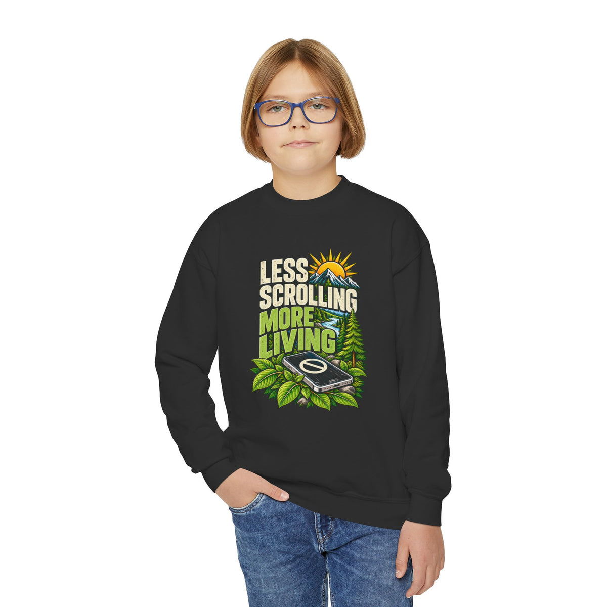 Less Scrolling More Living Youth Crewneck Sweatshirt
